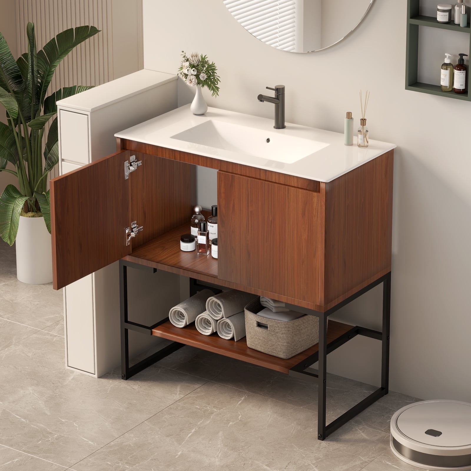 AIMEZO 30 Inch Bathroom Vanity with Sink Combo, Modern Bathroom Vanities with Ceramic Sink,Soft-Closing Doors,Storage Shelf,Walnut